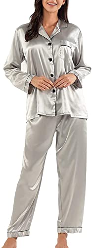 Nofaner Damen Seidensatin Pyjamas, Weiche Button Down Langarm Loungewear Nachtwsche Lange Seidenhnliche Pyjamas 2-teiliges Pyjama-Set S-XL, Grau von Nofaner