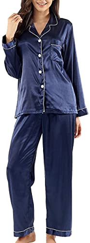 Nofaner Damen Pyjama Set, Satin Schlafanzug Set, Knopfleiste Langarm Nachtwäsche Pyjamas Set Zweiteiliger, Loungewear für alle Jahreszeiten von Nofaner