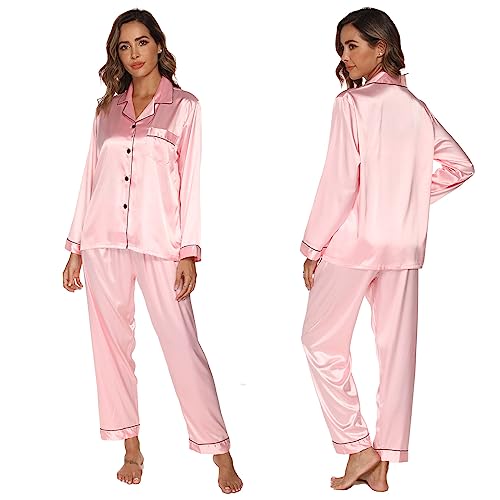 Nofaner Damen Pyjama Set, Satin Schlafanzug Set, Knopfleiste Langarm Nachtwäsche Pyjamas Set Zweiteiliger, Loungewear für alle Jahreszeiten von Nofaner