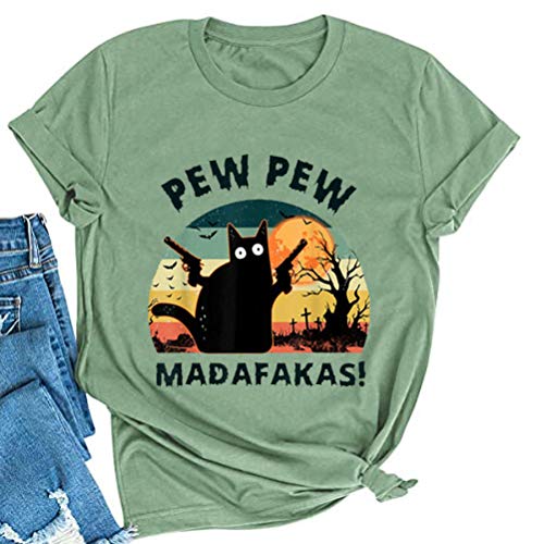 Noffish Damen Pew Pew Madafakas T-Shirt Funny Pew Pew Cat Shirt - Grün - Groß von Noffish