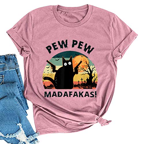 Noffish Damen Pew Madafakas T-Shirt Funny Cat Shirt - Rot - Klein von Noffish