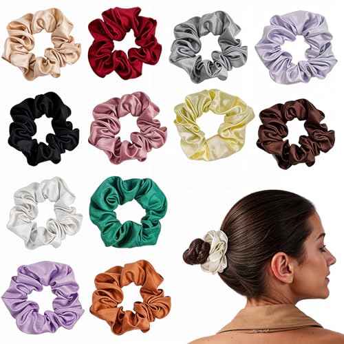 Nogeqi 12 Stück Scrunchies Seide Damen, Haargummi Seide Satin Scrunchies Samt Seidig, Silk Scrunchie Haargummis Mädchen Groß Big Hair Elastisch Pferdeschwanz Halter für Frauen Mädchen (12 Farben) von Nogeqi