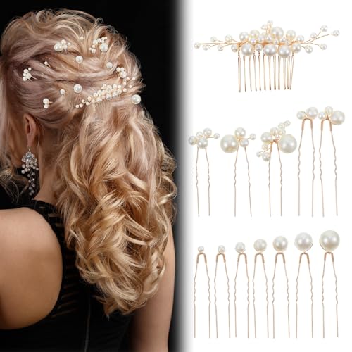 Nogeqi 13 Stück Haarschmuck Hochzeit Perlen Haarschmuck Gold Haarnadeln Perlen Brautschmuck Haare Haarperlen Haarklammer Hochzeit U-Förmige Für Brautjungfern Elegante Frauen Mädchen (12 Größen) von Nogeqi