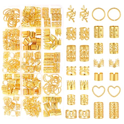 Nogeqi 190 Stück Haarschmuck Gold Pirat Für Zöpfe, Metall Haarperlen Zum Klipsen, Verstellbar Haarringe Gold Dreadlocks Schmuck, Piraten Haarschmuck Damen Hair Cuffs Mit Aufbewahrungsbox von Nogeqi