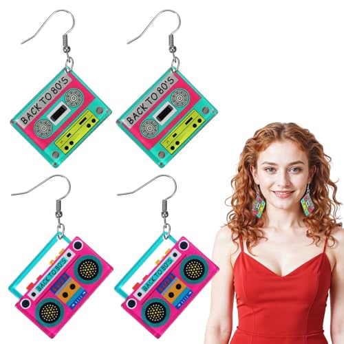 Nogeqi 2 Paar Retro Kassette Ohrringe Acryl Neon Ohrringe 80er 90er Jahre Outfit Damen, 80er Accessoires Damen Vintage Radio Kassetten Schmuck Festival Party Nostalgie Geschenke für Frauen Mädchen von Nogeqi