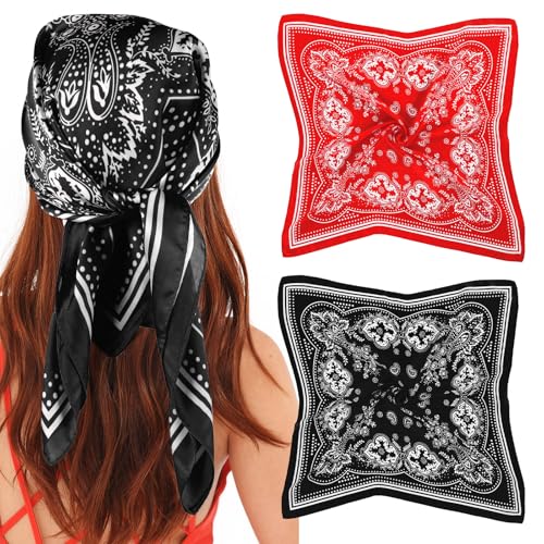Nogeqi 2 Stück Seide Bandana Rot Schwarz 70 x 70 cm Bandana Herren Kopftuch Damen Sommer Satin Paisley Halstuch Quadratische Bedrucktes Schals für Headwear Haare Schal Ansatz Handgelenk von Nogeqi
