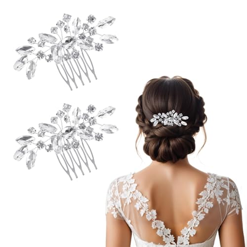 Nogeqi 2 Stück Braut Haarschmuck Silber Für Damen, Haarschmuck Hochzeit Konfirmation Mädchen, Kommunion Brautschmuck Silberkristall, Glitzer Haarkämme Haarkamm Reben Blume Blatt Perlen Für Frauen von Nogeqi