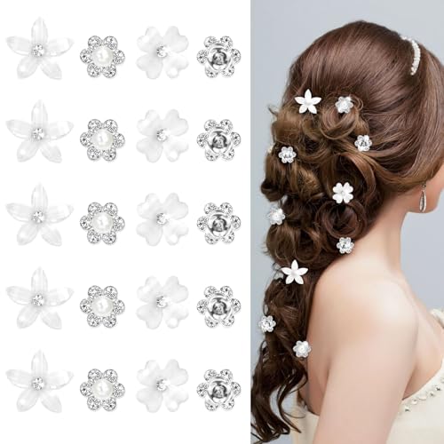 Nogeqi 20 Stück Weiß Blumen Haarklammer Klein Süße Blumen-Haarspangen Kleine Blume Strass Haarnadeln für Mädchen Frauen, Braut Haarspange Blumen Haarschmuck Hochzeit (4 Blumenmuster) von Nogeqi