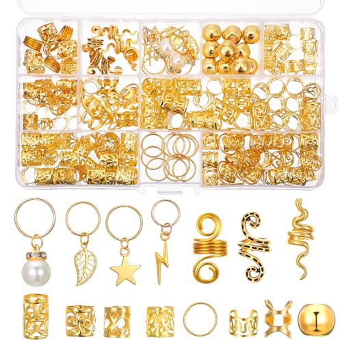 Nogeqi 217 Stück Dreadlocks Schmuck Gold Haarschmuck für Zöpfe, Braids Schmuck Loc Haar, Metall Verstellbar Cuffs Haarringe Festival Haarschmuck Ringe für Männer Frauen Mädchen Jungen Braids Zubehör von Nogeqi