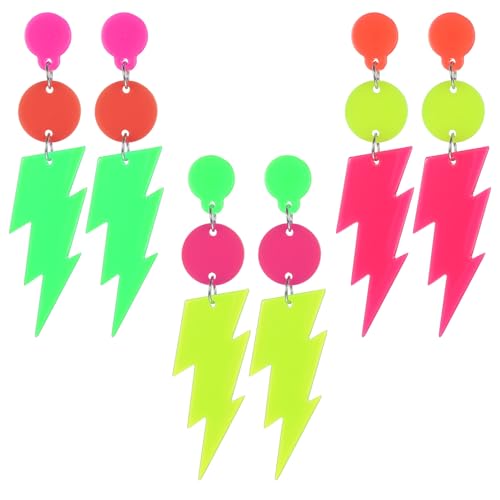 Nogeqi 3 Paar ohrringe 90er jahre damen, Retro Neon Ohrringe 80er, Acryl Schmuck 80er Jahre Damen Outfit Vintage 8x2cm Quastenohrringe Für Mottoparty Kostüm Party Maskerade Frauen Mädchen (Bunt) von Nogeqi