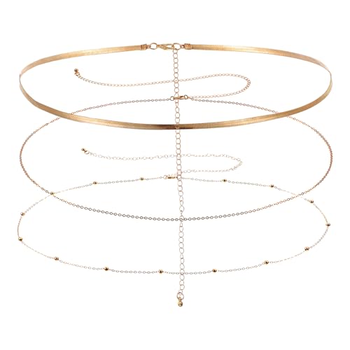 Nogeqi 3 Stück Bauchkette Gold, Körperkette Verstellbare Belly Chain Gold Perlen Waist Chain Boho Wasserfest Taillenkette Bikini-Kette Für Strand Sommer Frauen von Nogeqi