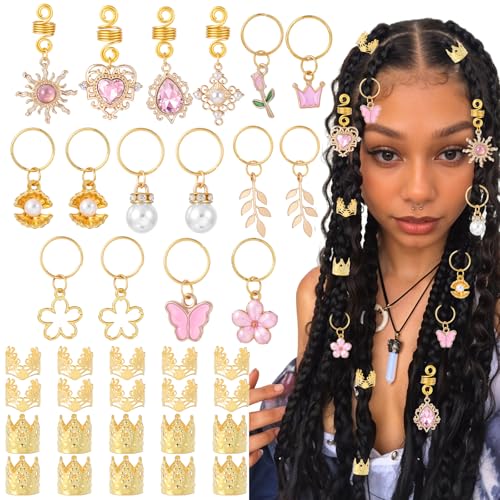 Nogeqi 36 Stück Gold Dreadlocks Schmuck Kristall Wikinger Haarschmuck Pirat Gold Haarringe für Zöpfe Braids Schmuck Haarspiralen Clips Verstellbar Cuffs Braids Zubehör für Damen Mädchen von Nogeqi
