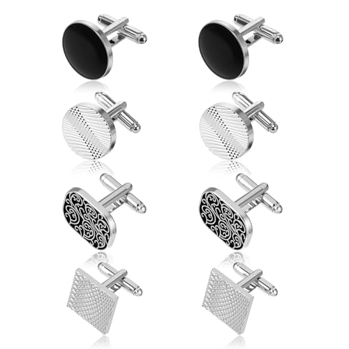 Nogeqi 4 Paar Manschettenknöpfe Herren, Manchettenknoepfe Personalisiert Klassische Cufflinks For Men Hochzeit Business Klassische Tanzparty Schwarz Silber von Nogeqi