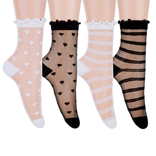 Nogeqi 4 Paar Rüschen Socken Durchsichtige, Nylon Socken Mit Rüschen Damen, Transparent Söckchen Feinstrumpfsöckchen, Nylonstrümpfe Damen Feinstrümpfe Atmungsaktive Für Sandalen, Pumps von Nogeqi