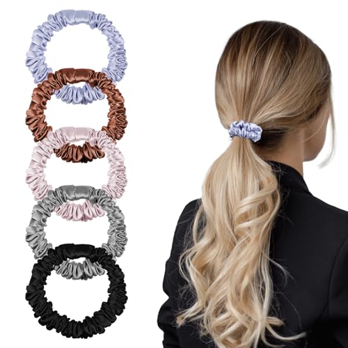 Nogeqi 5 Stück Seide Haargummi Dünn Scrunchies Klein Seiden Haargummi Elastische Satin Scrunchie Seide Mini Silk Hair Ties Pferdeschwanz für Mädchen Damen Feines Dünnes Haar von Nogeqi