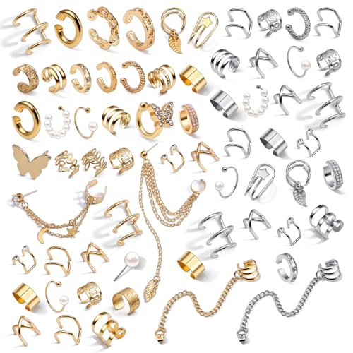 Nogeqi 66 Stück Ear Cuff Gold Set Für Damen, Silber Fake Helix Fake Ohrringe Earcuff Verstellbare, Ohrklemme Ohne Piercing Earcuffs Knorpel Manschetten Ohrschmuck Für Party & Alltag von Nogeqi