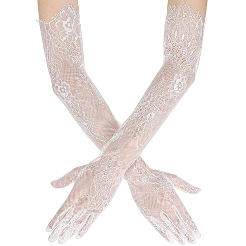 Nogeqi Lang Spitzenhandschuhe Weiß Spitze Handschuhe Lang Weiße Blumen Spitzen Vintage Abendhandschuhe Damen 1920er Long Lace Gloves für Braut Hochzeit Oper Halloween Teeparty Karneval Kostüm von Nogeqi