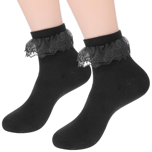 Nogeqi Schwarz Socken mit Rüschen Damen, Spitze Rüschen Socken, Söckchen mit Spitze Trachtensocken, Ruffle Socks Atmungsaktive Elastische für Dirndl Alltag Besondere von Nogeqi