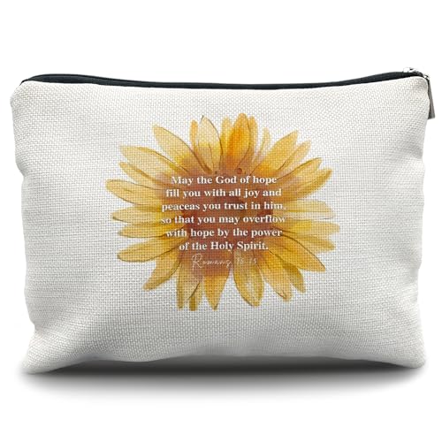 Nogrit Christliche Make-up-Tasche mit Sonnenblumen-Motiv, inspirierende, christliche Geschenke für Frauen, Glaube, religiöser Bibelvers, kleine Make-up-Kosmetiktasche für Geldbörse, Römer 15:13, von Nogrit