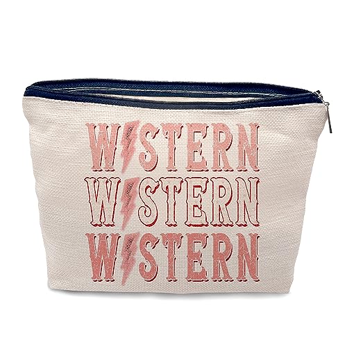 Nogrit Make-up-Kosmetiktasche mit Leopardenmuster und Blitz im Western, Cowgirl, Trendiger Retro, Wilder Westen, Leinen, Reise-Kulturbeutel, Geschenke für Teenager-Mädchen, Cowgirl-Geschenke für von Nogrit