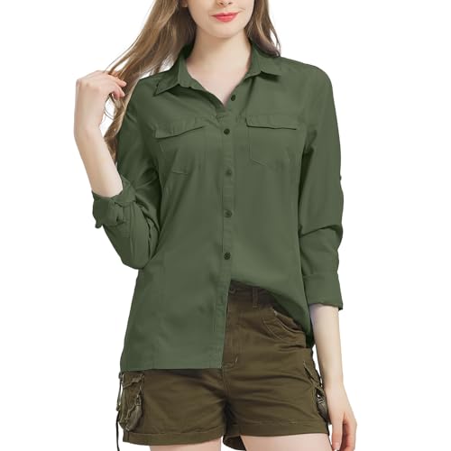 Nogwas Bluse Damen Elegant V-Ausschnitt Hemd Freizeithemd Langarm Hemd Wanderhemd für Angeln Safari Reisen Golf,5073,Army Green,M von Nogwas