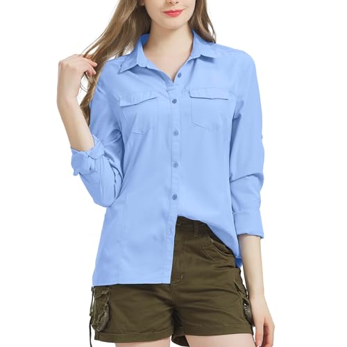 Nogwas Bluse Damen Elegant V-Ausschnitt Hemd Freizeithemd Langarm Hemd Wanderhemd für Angeln Safari Reisen Golf,5073,Blue,L von Nogwas