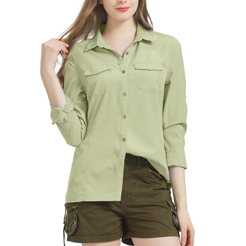 Nogwas Bluse Damen Elegant V-Ausschnitt Hemd Freizeithemd Langarm Hemd Wanderhemd für Angeln Safari Reisen Golf,5073,Khaki,M von Nogwas