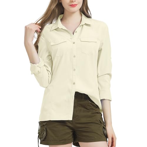 Nogwas Bluse Damen Elegant V-Ausschnitt Hemd Freizeithemd Langarm Hemd Wanderhemd für Angeln Safari Reisen Golf,5073,Light Khaki,3XL von Nogwas