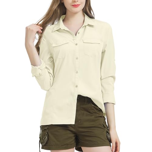 Nogwas Bluse Damen Elegant V-Ausschnitt Hemd Freizeithemd Langarm Hemd Wanderhemd für Angeln Safari Reisen Golf,5073,Light Khaki,S von Nogwas