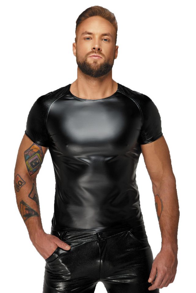 Noir Handmade Men Collection T-Shirt Herren wetlook T-Shirt in schwarz mit Schlangenhaut Material an den Är von Noir Handmade Men Collection
