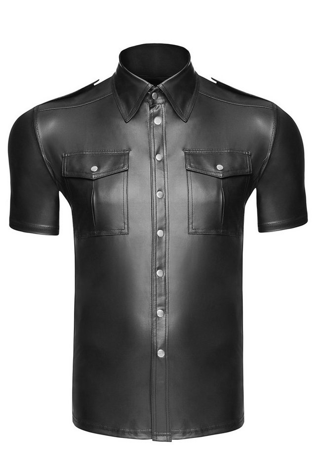 Noir Handmade Men Collection T-Shirt Schwarzes Herren wetlook T-Shirt Hemd glänzend dehnbar mit Knopfleiste von Noir Handmade Men Collection