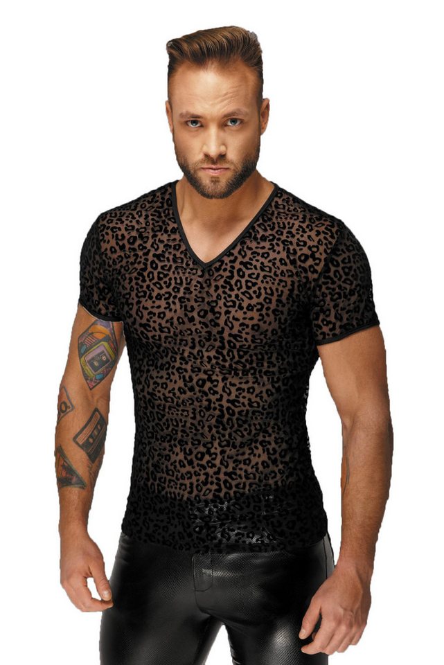 Noir Handmade Men Collection T-Shirt Transparentes Leopard Flock Herren T-Shirt in schwarz mit V-Ausschnitt von Noir Handmade Men Collection
