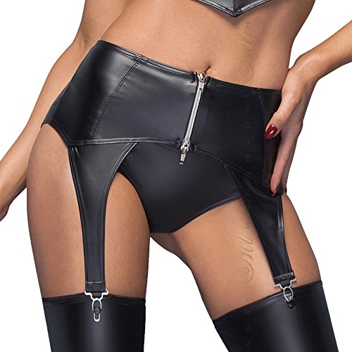 Noir Handmade Damen Dessous Gogo High Waist Wetlook Strapsgürtel mit silbernem Zipper in schwarz 2XL von Noir Handmade