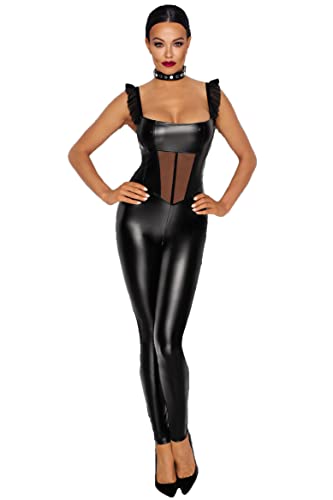 Noir Handmade Damen Wetlook Overall in schwarz mit Tülleinsatz und 2-Wege Reißverschluss im Schritt glänzend S von Noir Handmade
