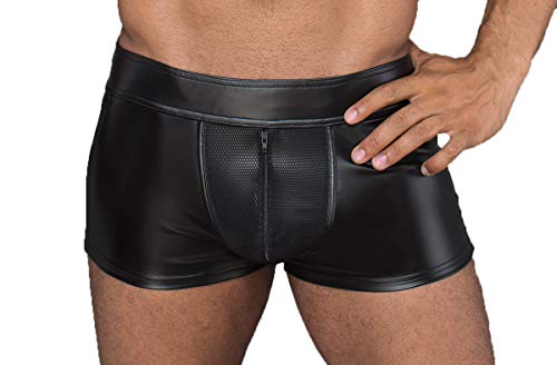Herren Shorts aus Wetlook Material schwarz erotischer Männer Slip Kurze Hose Blickdicht mit Netzeinsätzen XL von Noir Handmade Men Collection