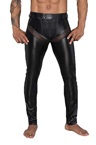 Noir Handmade Men Collection Herren Wetlook-Longpants schwarz mit Einsätzen und Taschen aus Netzmaterial Lange Männer Gogo und fetisch Hose XL von Noir Handmade