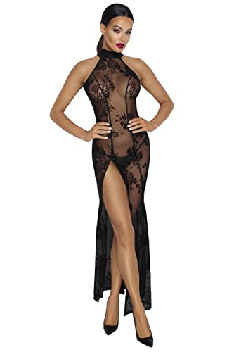 .Noir Handmade Langes transparentes Damen Desosus Neckholder Kleid mit Rückenausschnitt und Langen Gehschlitz Tüll und Stickerei XL von .Noir Handmade