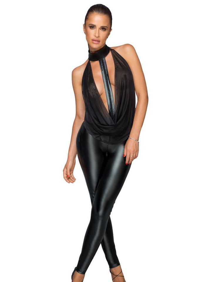 Noir Handmade Overall Overall mit Tülloberteil und Choker Frauen wetlook Legging mit Tüll Ne von Noir Handmade