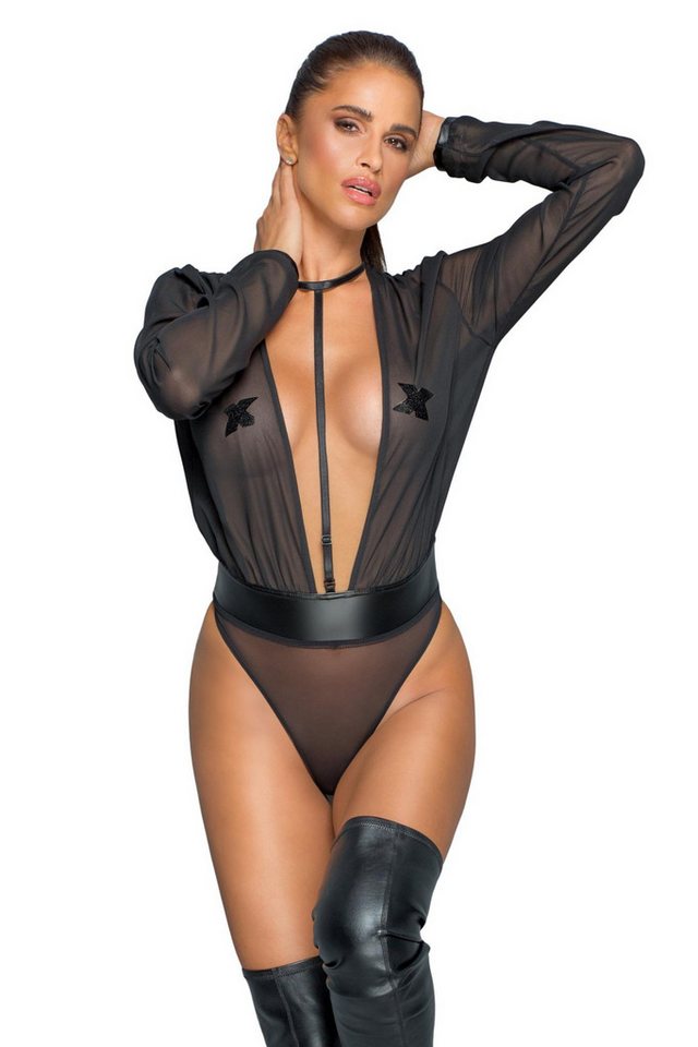 Noir Handmade Stringbody Damen Dessous langarm Body mit Blusen Oberteil, verstellbarem Gurt und von Noir Handmade