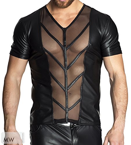 Schwarzes Herren Shirt teiltransparent aus wetlook Material und Tüll Männer Dessous Shirt L von Noir Handmade