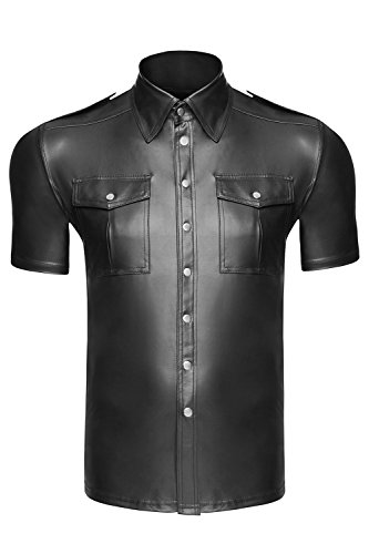 Schwarzes Herren wetlook T-Shirt Hemd glänzend dehnbar mit Knopfleiste und Taschen Männer wetlook Hemd XL von Noir Handmade