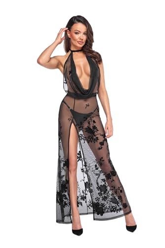 .NoirHandmade Langes transparentes Damen Dessous Kleid aus Netzmaterial rückenfrei mit tiefen Ausschnitt und Gehschlitz in schwarz M von .NoirHandmade