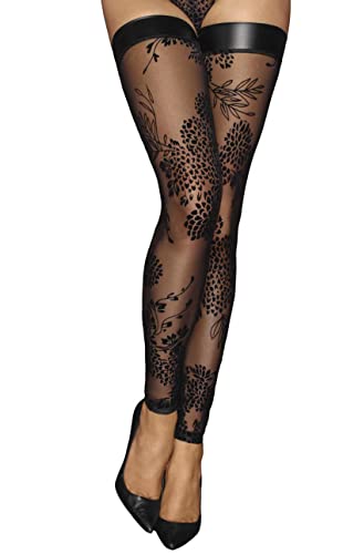 .NoirHandmade Schwarze Tüll Strümpfe mit floraler Flockstickerei und mattem wetlook Material elastisch XL von .NoirHandmade