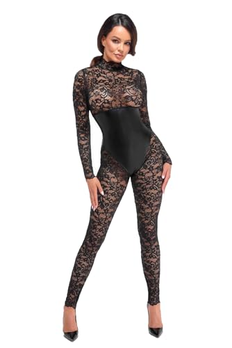 .NoirHandmade Schwarzer Damen Dessous Bodystocking mit Unterbrust-Corsage aus Spitze und Wetlook Material mit Schnürung und 2-Wege Reißbverschluss im Schritt S von .NoirHandmade