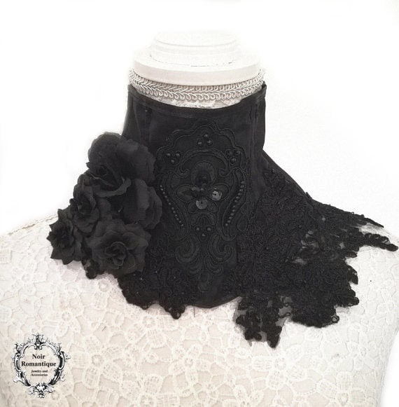 Royal Schwarzes Halskorsett-Schwarzer Gothic-Taft Und Spitze-Halskorsett-Wgt-Halskorsett von NoirRomantique