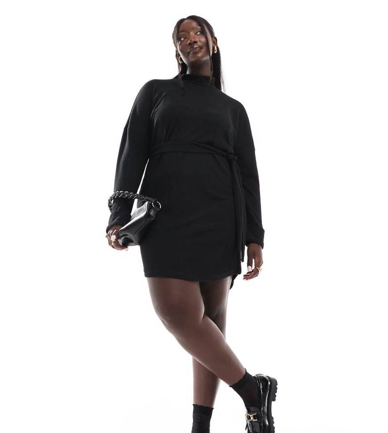 Noisy May Curve - Hochgeschlossenes, kurzes Pulloverkleid aus Strick in Schwarz mit Bindeband von Noisy May Curve