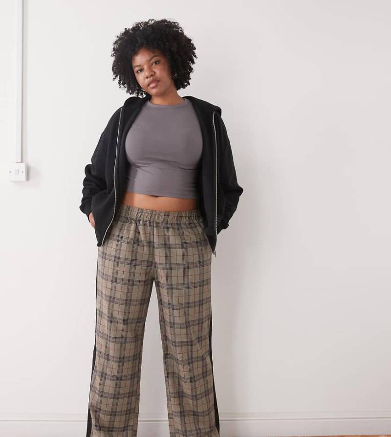 Noisy May Curve - Hose in Beige kariert mit weitem Bein und Seitenstreifen-Neutral von Noisy May Curve