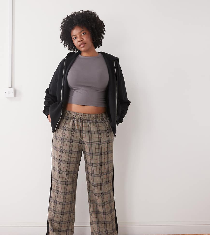 Noisy May Curve - Hose in Beige kariert mit weitem Bein und Seitenstreifen-Neutral von Noisy May Curve