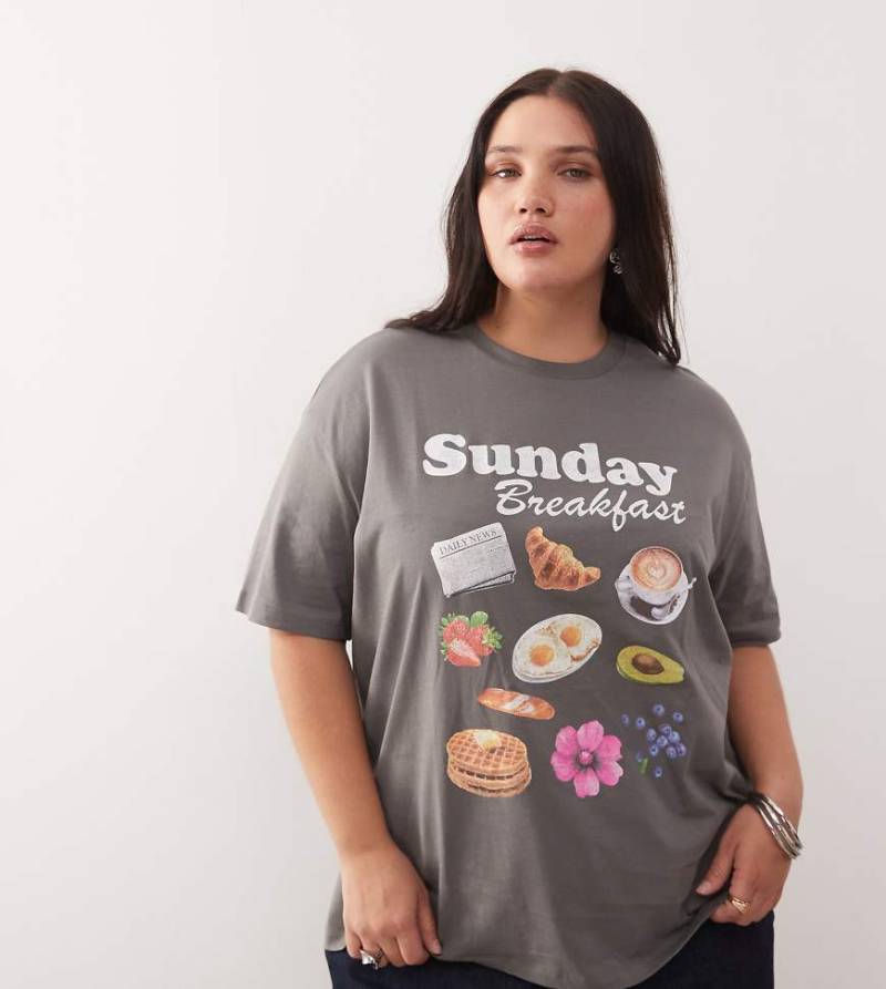 Noisy May Curve - Kastiges T-Shirt in Grau mit Frühstücks-Grafikmotiv von Noisy May Curve