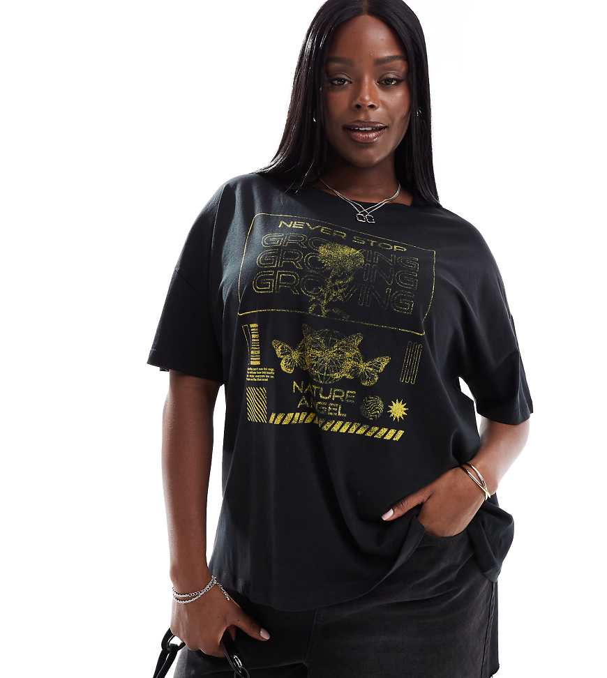 Noisy May Curve - Kastiges T-Shirt in Schwarz mit Engel-Rückenprint von Noisy May Curve